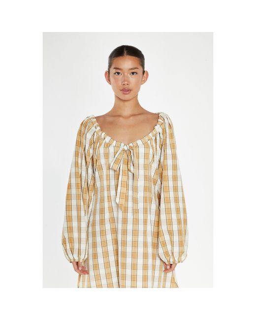 Glamorous Metallic Cream Check Gathered Tie-Neck Midi-Dress
