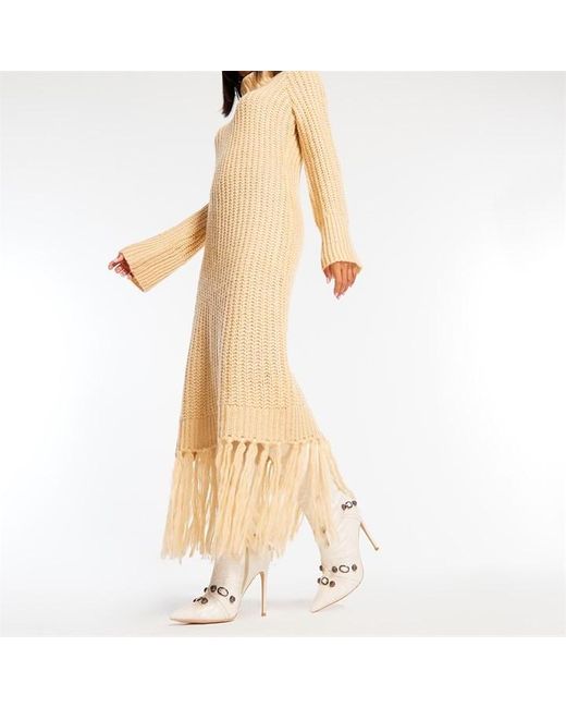 Missguided Natural Fringe Hem High Neck Cable Knit Maxi Dress