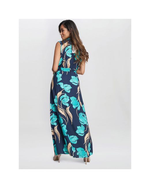Gina Bacconi Blue Ariel Long Sleeveless Shirt Dress