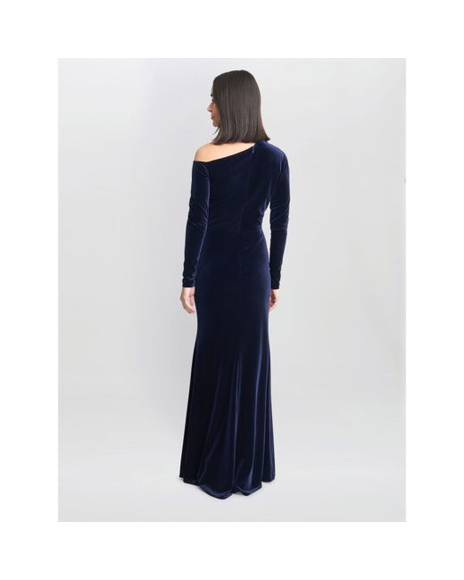 Gina Bacconi Blue Tess Velvet Off Shoulder Dress