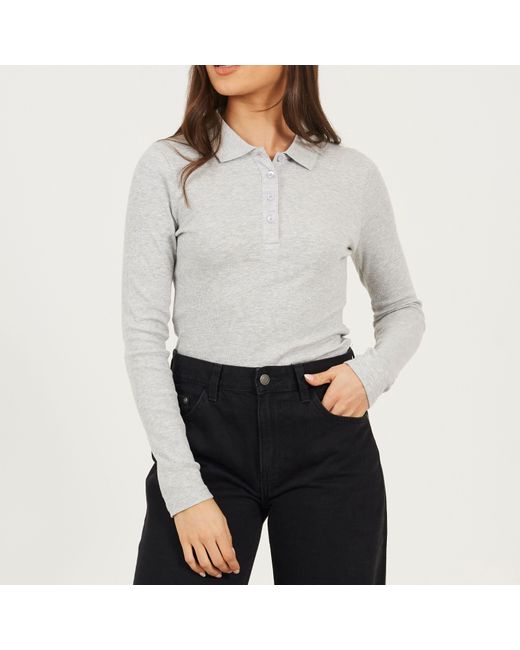 Brave Soul Gray Bs Long Sleeve Ribbed Top With Collar