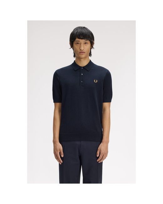 Fred Perry Blue Knitted Short Sleeve Polo Shirt for men