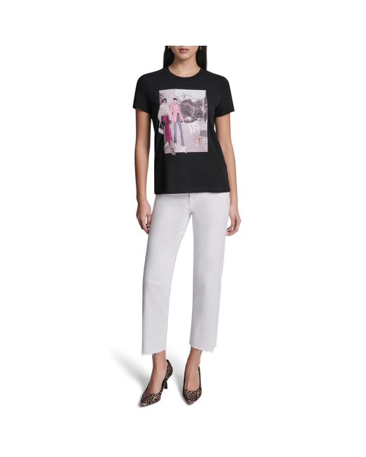 DKNY Black Crystal Embellished Bleeker St. Conversational Graphic T-Shirt
