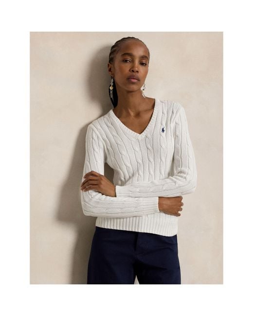 Ralph Lauren White Cable-knit Cotton V-neck Jumper