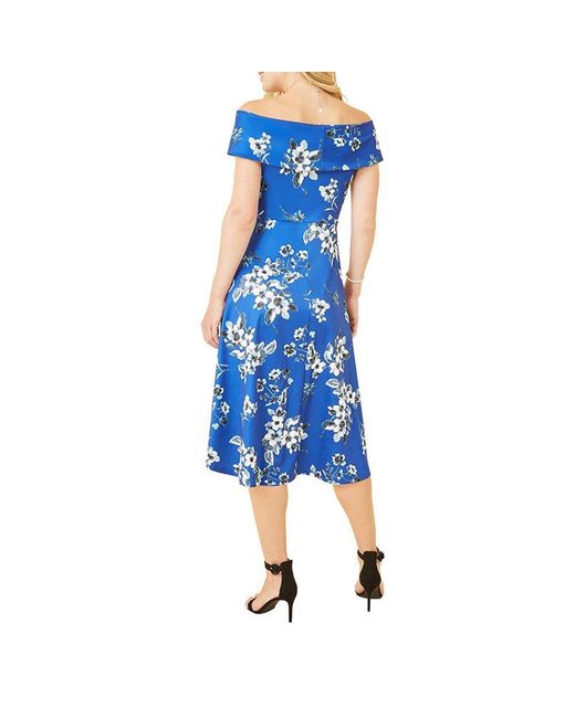 Mela London Blue Floral Bardot Dipped Hem Slip Dress