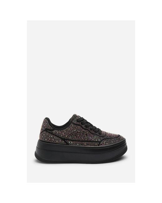 Where's That From Black Wedge Lace Up Trainer With Diamante Detail