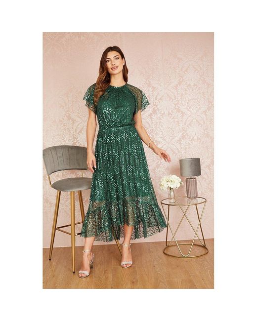 Yumi' Green Sequin Angel Sleeve Midi Smock Dress