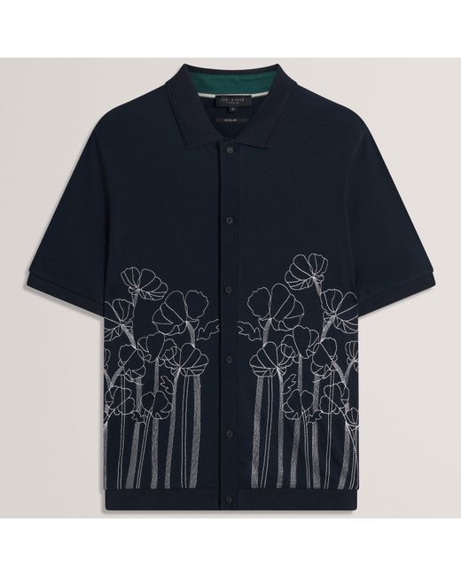 Ted Baker Blue Embroidered Floral Pure Cotton Knit Shirt for men