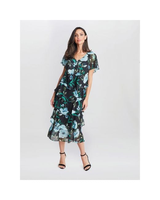 Gina Bacconi Blue Frances Printed Midi Tiered Dress