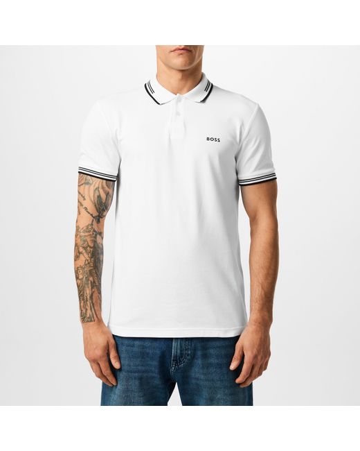 Boss White Paul Contrast Striped Trim Short Sleeve Polo Shirt for men