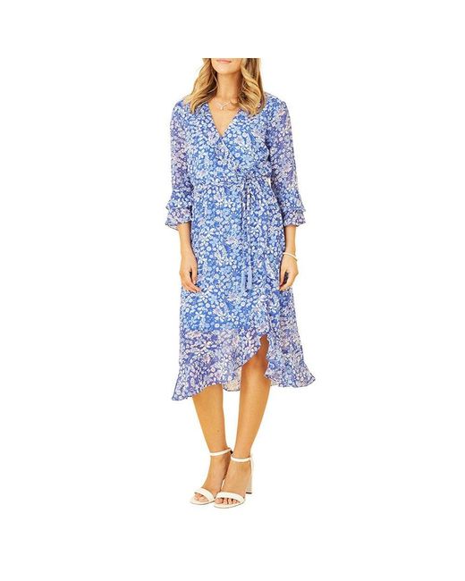 Yumi' Blue Floral Three Quartersleeve Frill Wrap Dress