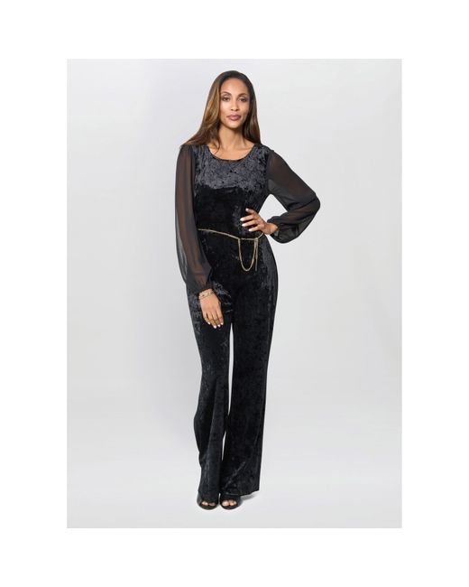Gina Bacconi Black Alaska Velvet Jumpsuit With Sheer Sleeve