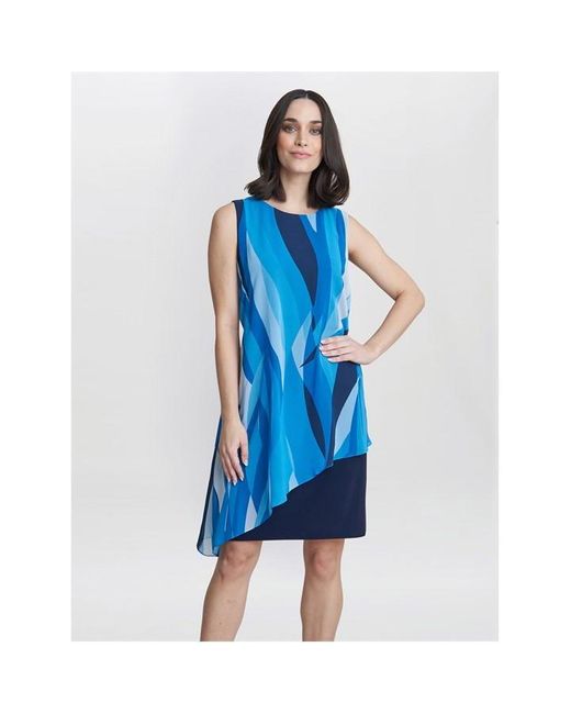 Gina Bacconi Blue Edie Printed Asymmetric Overlay Dress