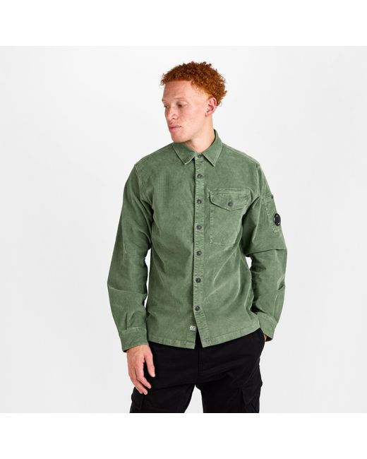 C P Company Green Lens Cord Long Sleeve Plain Shirt for men