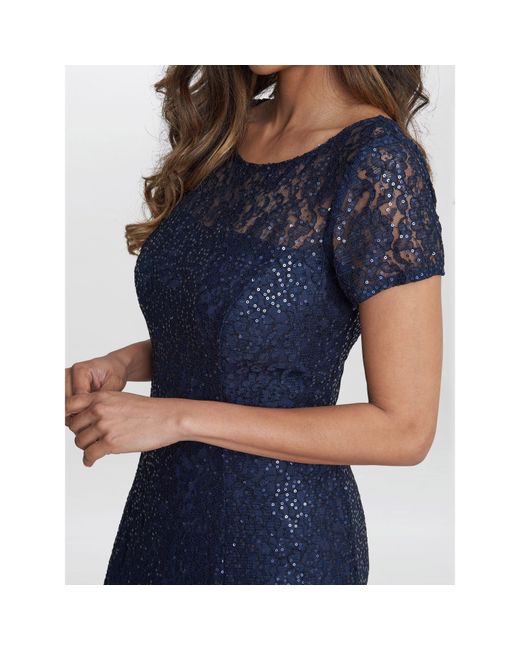 Gina Bacconi Blue Genny Cap Sleeve Midi Sequin Lace Dress