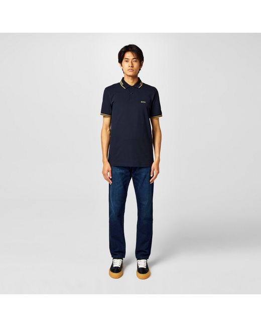 Boss Blue Paul Contrast Striped Trim Short Sleeve Polo Shirt for men