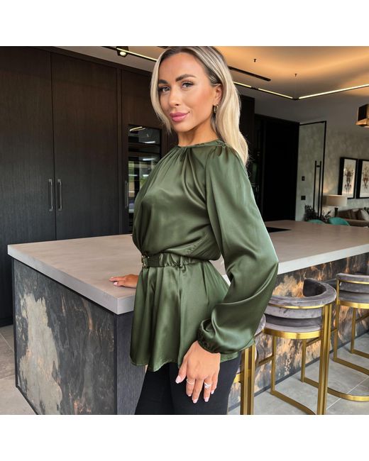 AX Paris Green Satin Long Sleeve Detail Belt Top