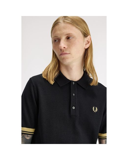 Fred Perry Black Knitted Cuff Short Sleeve Polo Shirt for men