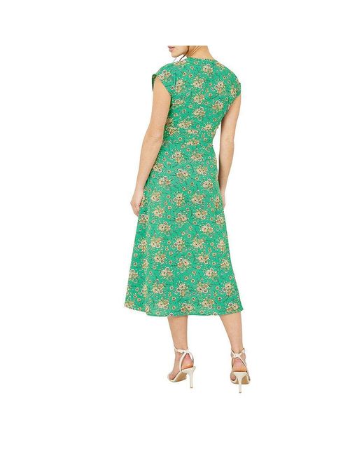 Yumi' Green Floral Waist Tie Wrap Dress