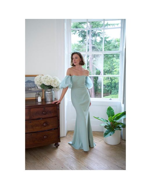 Gina Bacconi Green Puff-Sleeve Maxi Dress
