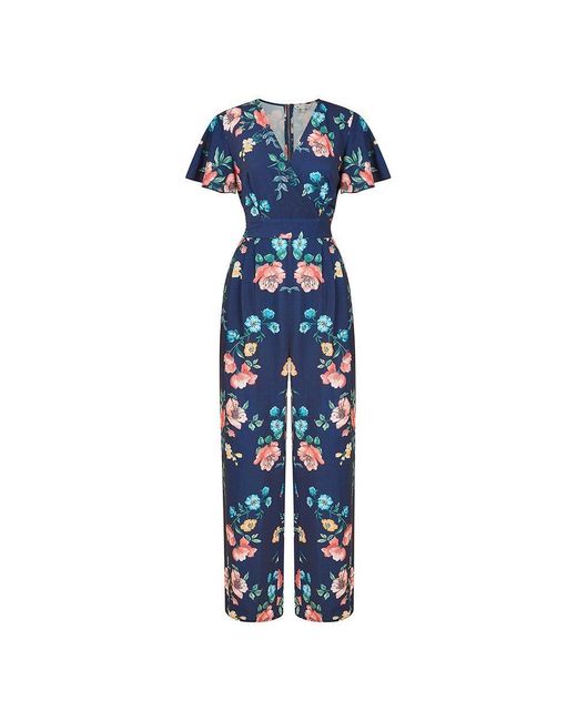 Yumi' Blue Floral Angel Sleeve Jumpsuit