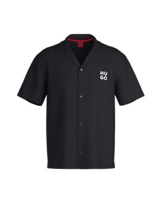 HUGO Black Chaffle Waffle Beach Shirt for men