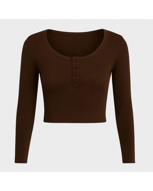 I Saw It First Brown Rib Button Front Long Sleeve Top