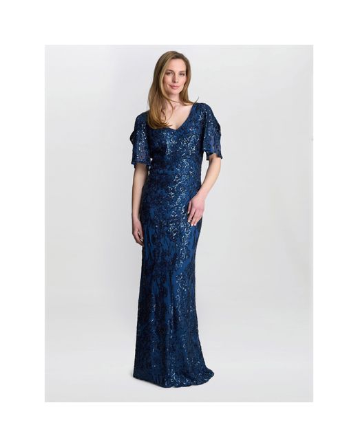 Gina Bacconi Blue Jeselle A-Line Sequin Maxi Dress