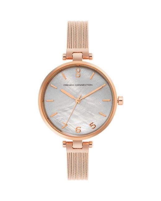 French Connection Metallic Accessories Rose Case Round Shape Strap Quartz Watch