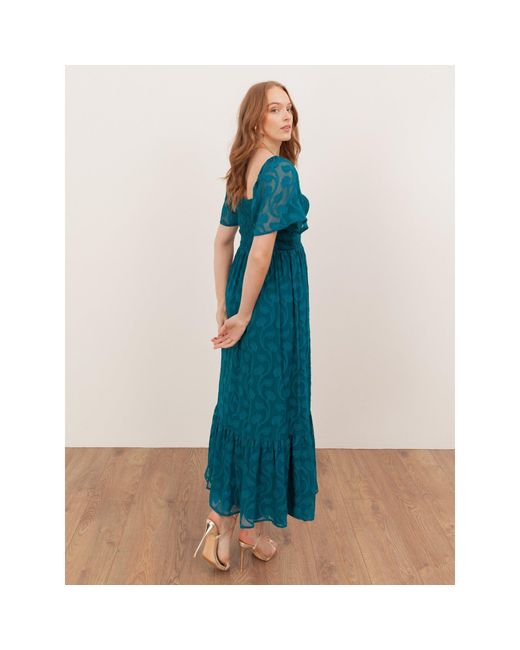 Lovedrobe Blue Floral Burnout Square Neck Shirred Midaxi Dress