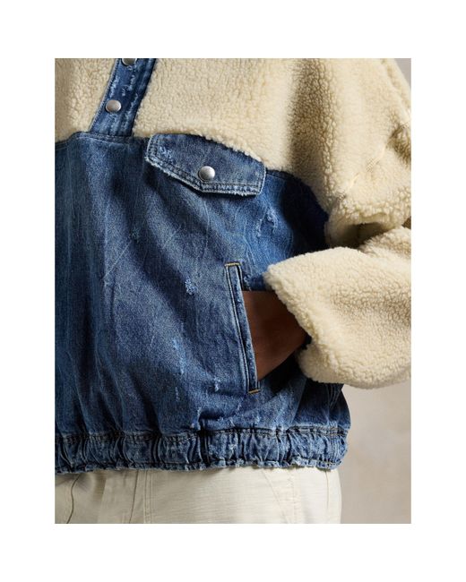 Polo Ralph Lauren Blue Fleece And Denim Funnel Neck Long Sleeve Oversized Fit Sherpa Jacket