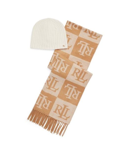 Lauren by Ralph Lauren Natural All Over Logo Print Scarf And Hat Set