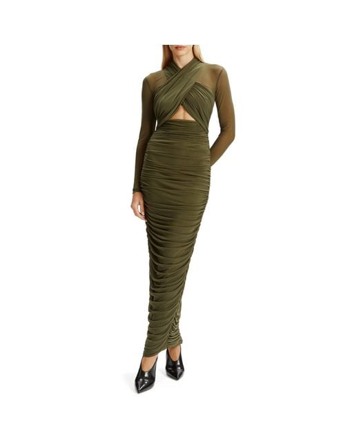 Bardot Green Aliyah Mesh Long Sleeve Midi Bodycon Dress