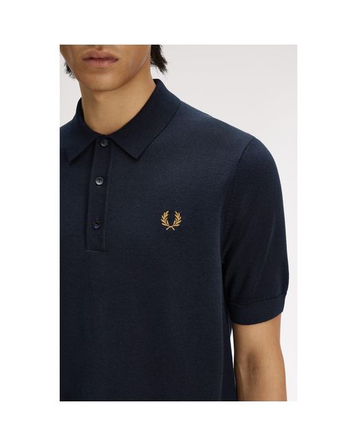 Fred Perry Blue Knitted Short Sleeve Polo Shirt for men