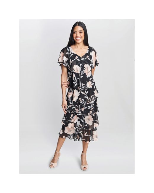 Gina Bacconi Blue Frances Printed Midi Tiered Dress