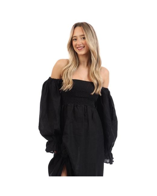 Sleeper Black Atlanta Linen Dress With Rose Detail