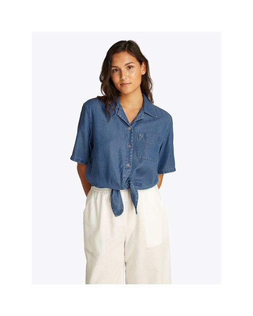 Tommy Hilfiger Blue Chambray Tie Short-Sleeve Plain Shirt
