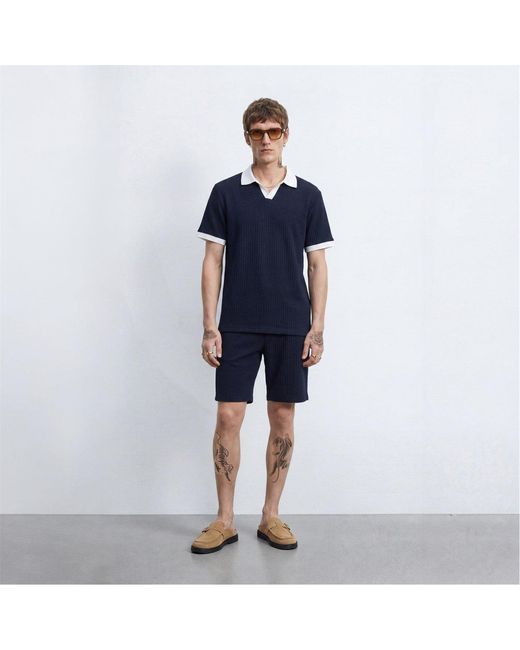 Twisted Tailor Blue Henry Textured Open Collar Polo for men