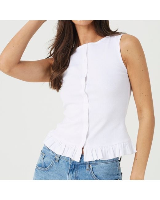 Brave Soul White Bs Crew Neck Button Down Vest With Frill Detail