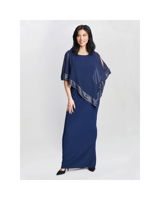 Gina Bacconi Blue Amber Maxi Asymmetrical Cape Dress