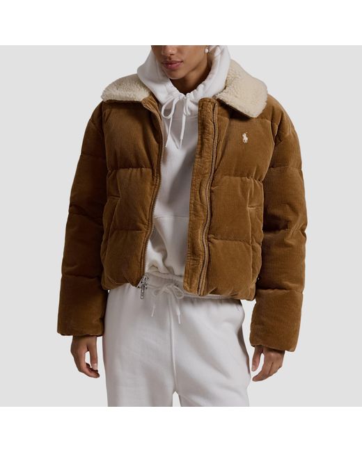 Polo Ralph Lauren Brown Quilted Corduroy Down Long Sleeve Short Puffer Jacket