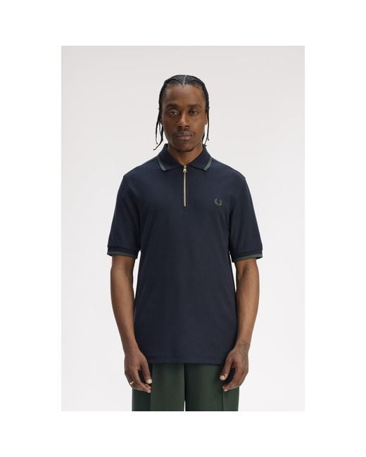Fred Perry Blue Crepe Zipped Short-Sleeve Polo Shirt for men