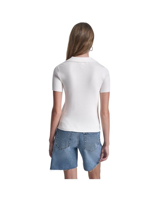 DKNY White Jeans Short Sleeve Rib Polo W/ Logo Rhinestone Buttons