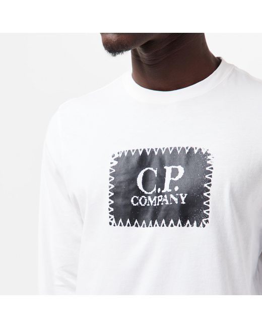 C P Company White Cotton Long Sleeve Crew Neck T-Shirt for men