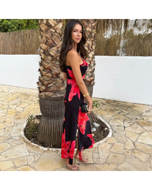 AX Paris Black And Coral Floral Print Strappy Slip Midi Dress