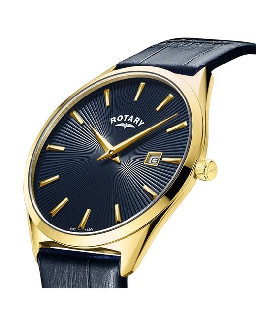 Rotary Blue Ultra Slim Ss Leather Strap Watc for men