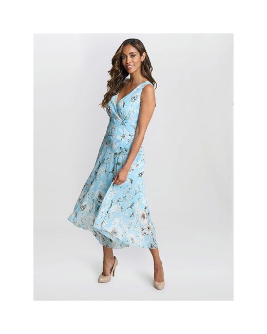 Gina Bacconi Blue Cressida Floral Print Chiffon Dress