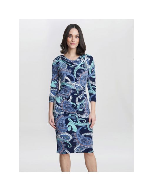 Gina Bacconi Blue Alyssa Printed Jersey Cowl Neck Dress