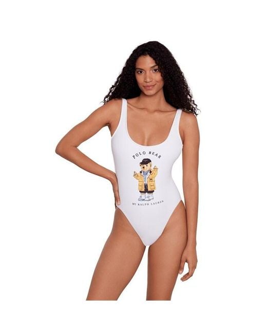 Ralph Lauren White Teddy Bear Scoop Neck One Piece Swimsuit
