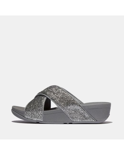 Fitflop Gray Lulu Crinkled-Shimmer Cross Sliders